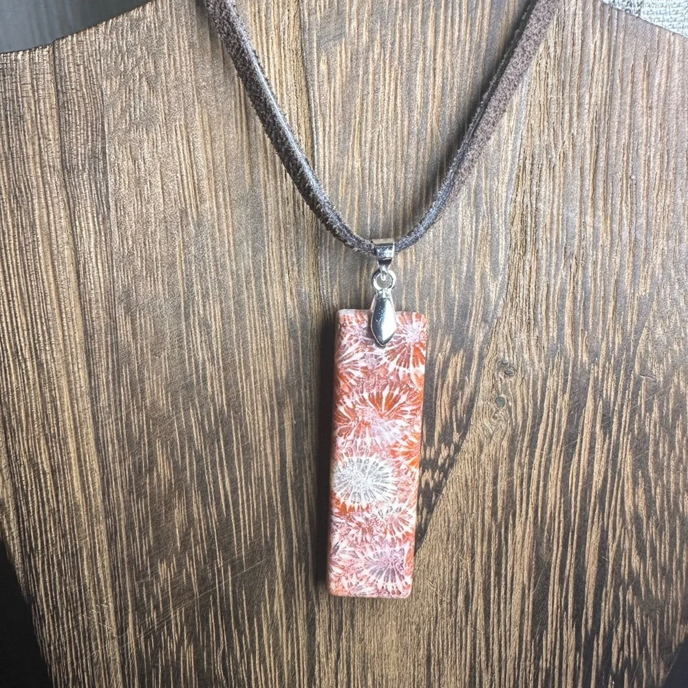Dark Orange Coral Fossil Thin Rectangle Pendant Necklace on Brown Suede - Picture 8 of 13